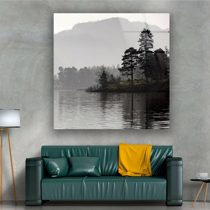 Foggy Trees & Lake Glass Wall Art custom glass photo prints, large glass prints