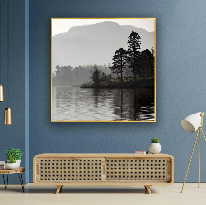 Foggy Trees & Lake Glass Wall Art custom glass pictures, glass art prints