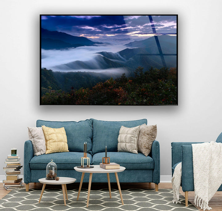 Foggy Mountain Landscape Glass Wall Art