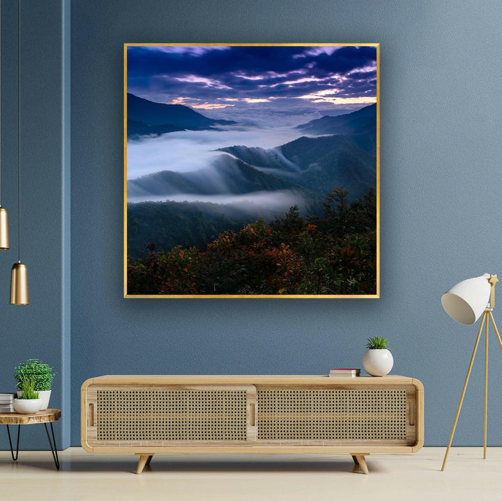 Foggy Mountain Landscape Glass Wall Art