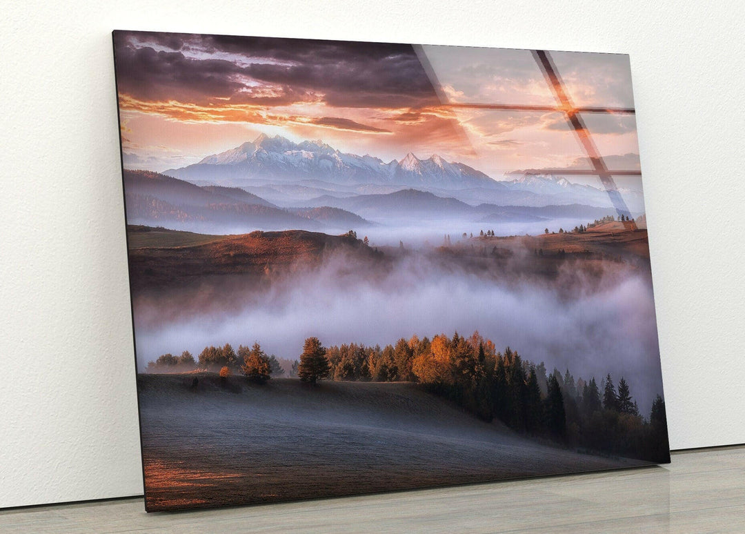 Foggy Mountains Glass Wall Art picture on glass wall art, photos printed on glass