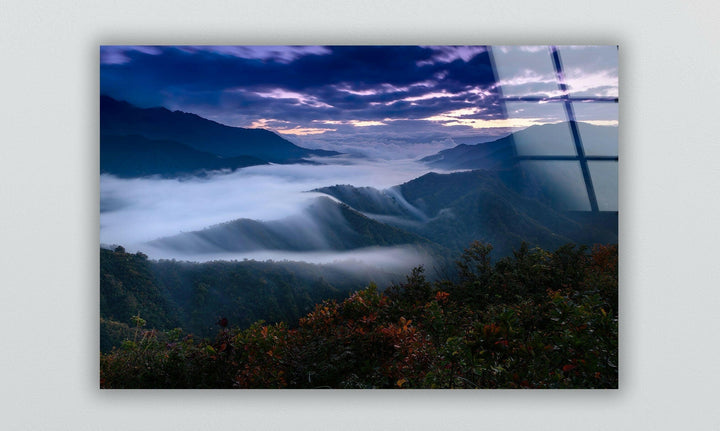 Foggy Mountain Landscape Glass Wall Art