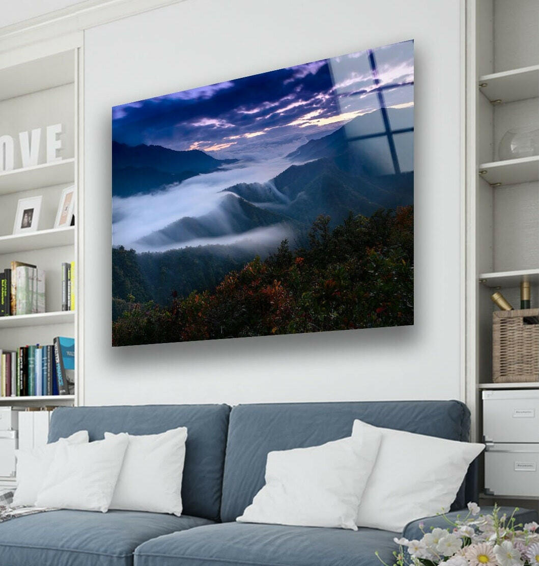 Foggy Mountain Landscape Glass Wall Art