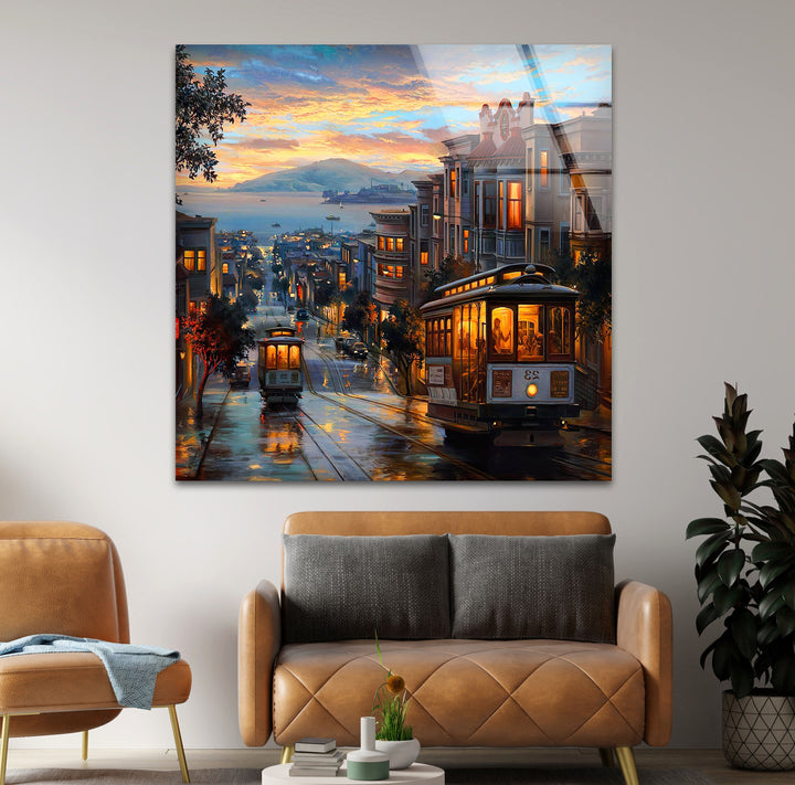 City Tram Landscape Glass Wall Art print on glass, glass printed photos