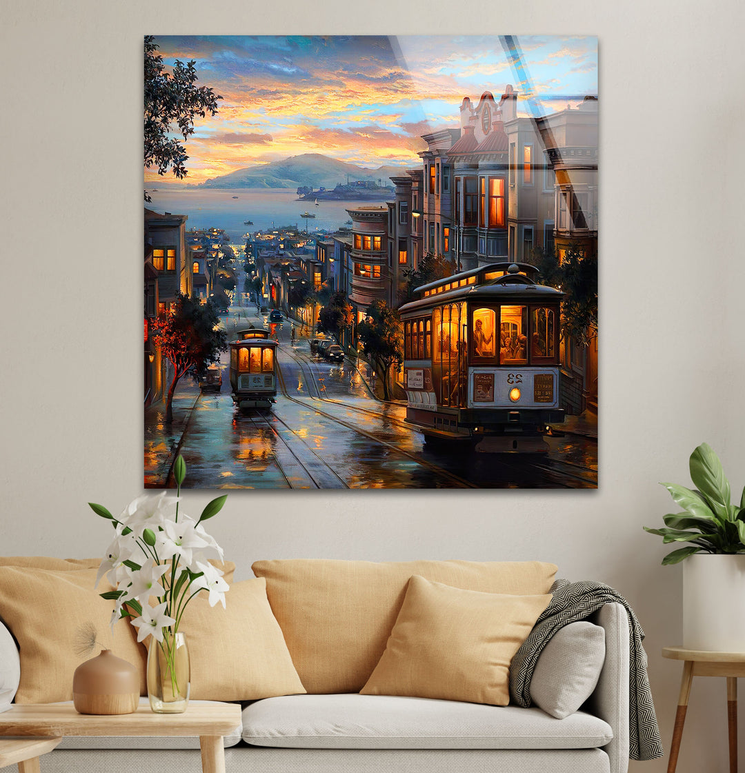 City Tram Landscape Glass Wall Art picture on glass wall art, photos printed on glass