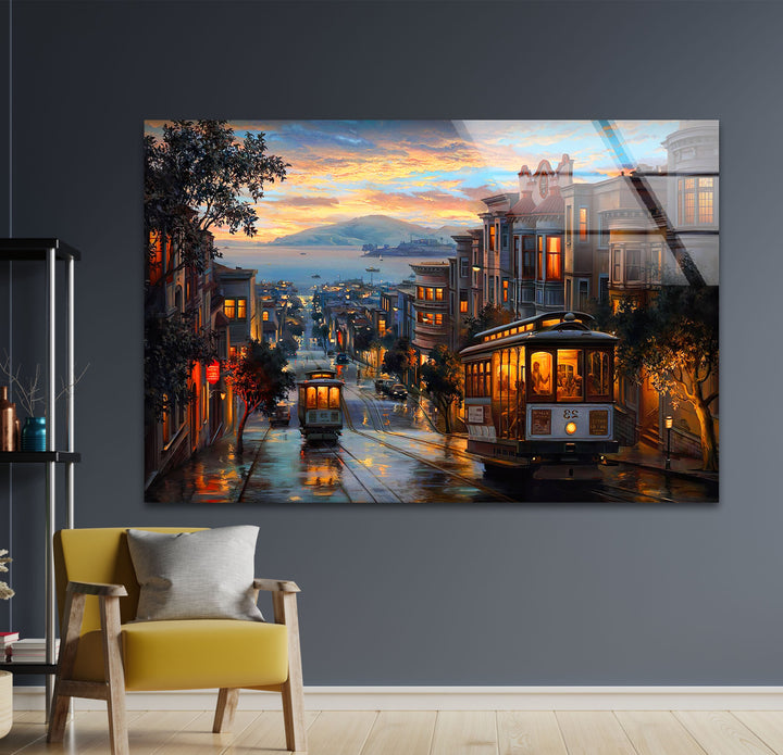 City Tram Landscape Glass Wall Art print picture on glass, Tempered Glass Wall Art