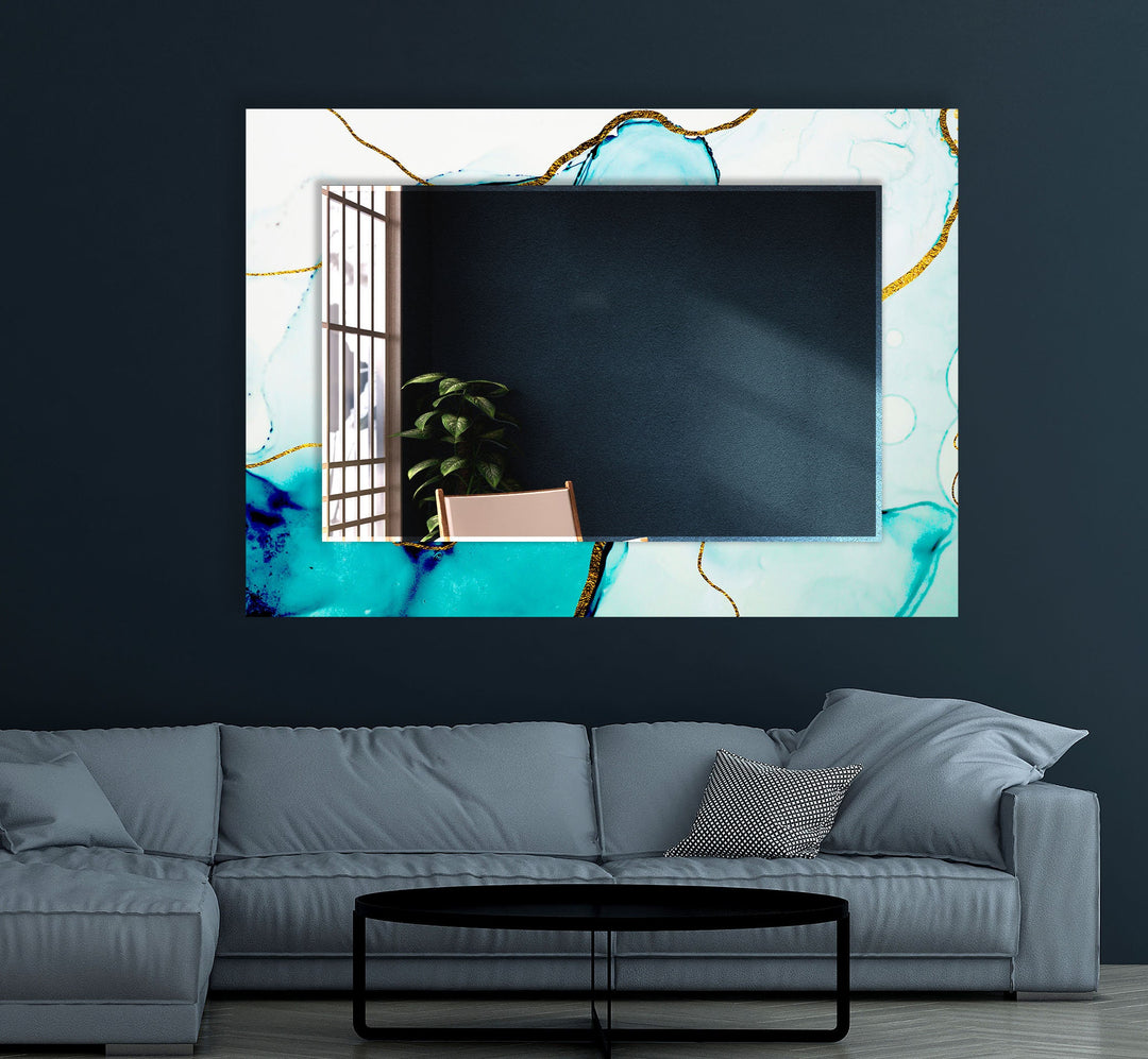 White and Turquoise Golden Details Wall Mirror Abstract Mirror
