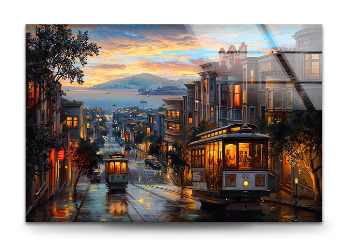 City Tram Landscape Glass Wall Art photo print on glass, prints on glass wall art