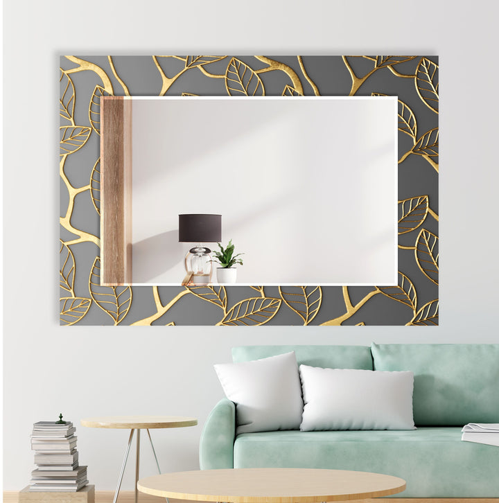 Abstract Grey Golden Leaves Wall Mirror Huge Wall Mirror
