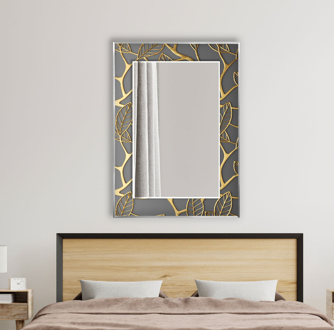 Abstract Grey Golden Leaves Wall Mirror Living Room Wall Mirror
