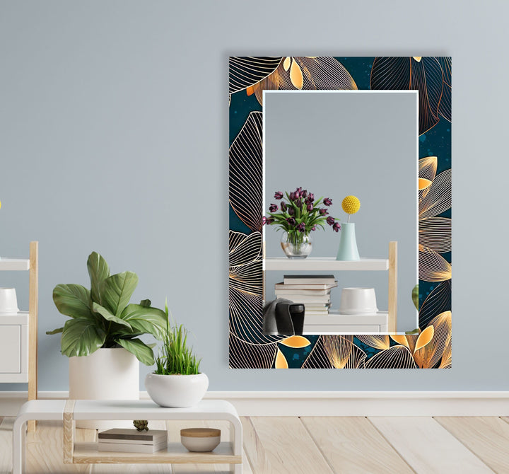 Dark Blue Golden Flowers Wall Mirror Framed Mirror
