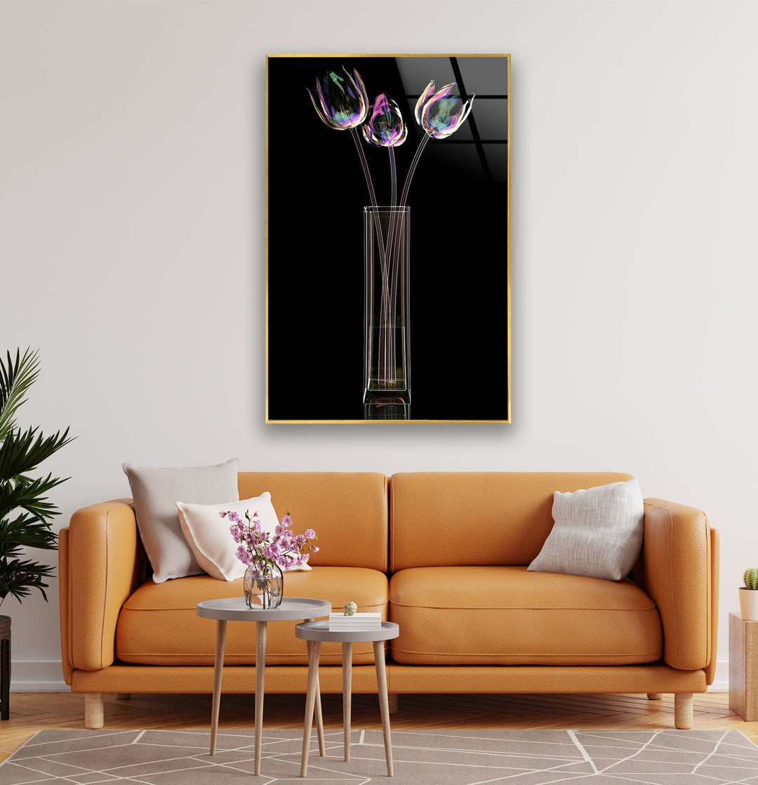 Color Glass Flower On Black Glass Wall Art, glass pictures for Wall, glass prints wall art