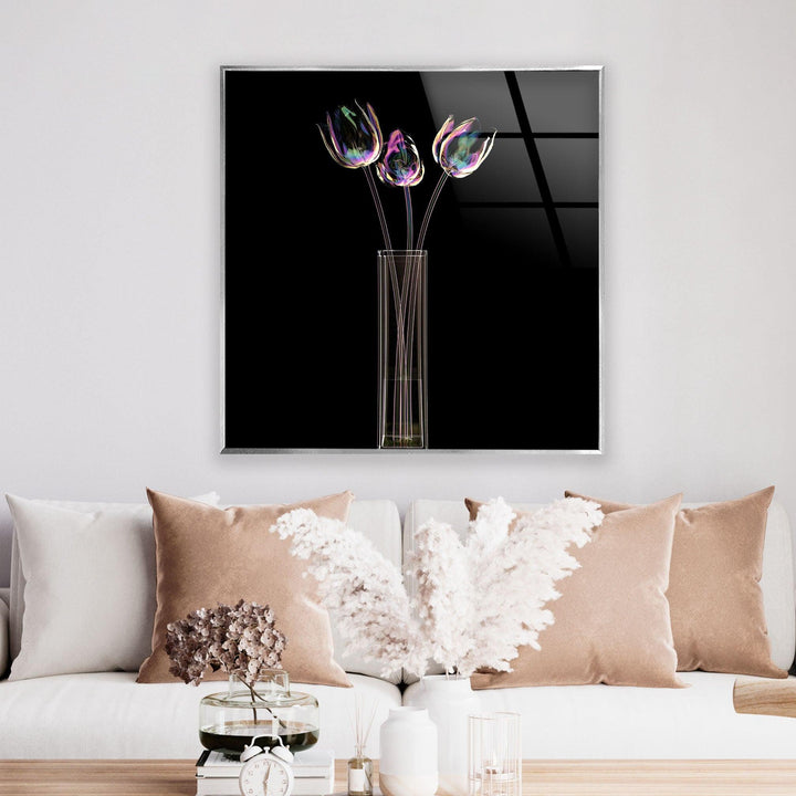 Color Glass Flower On Black Glass Wall Art, custom glass pictures, glass art prints