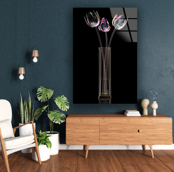 Color Glass Flower On Black Glass Wall Art, glass image printing, glass prints from photos