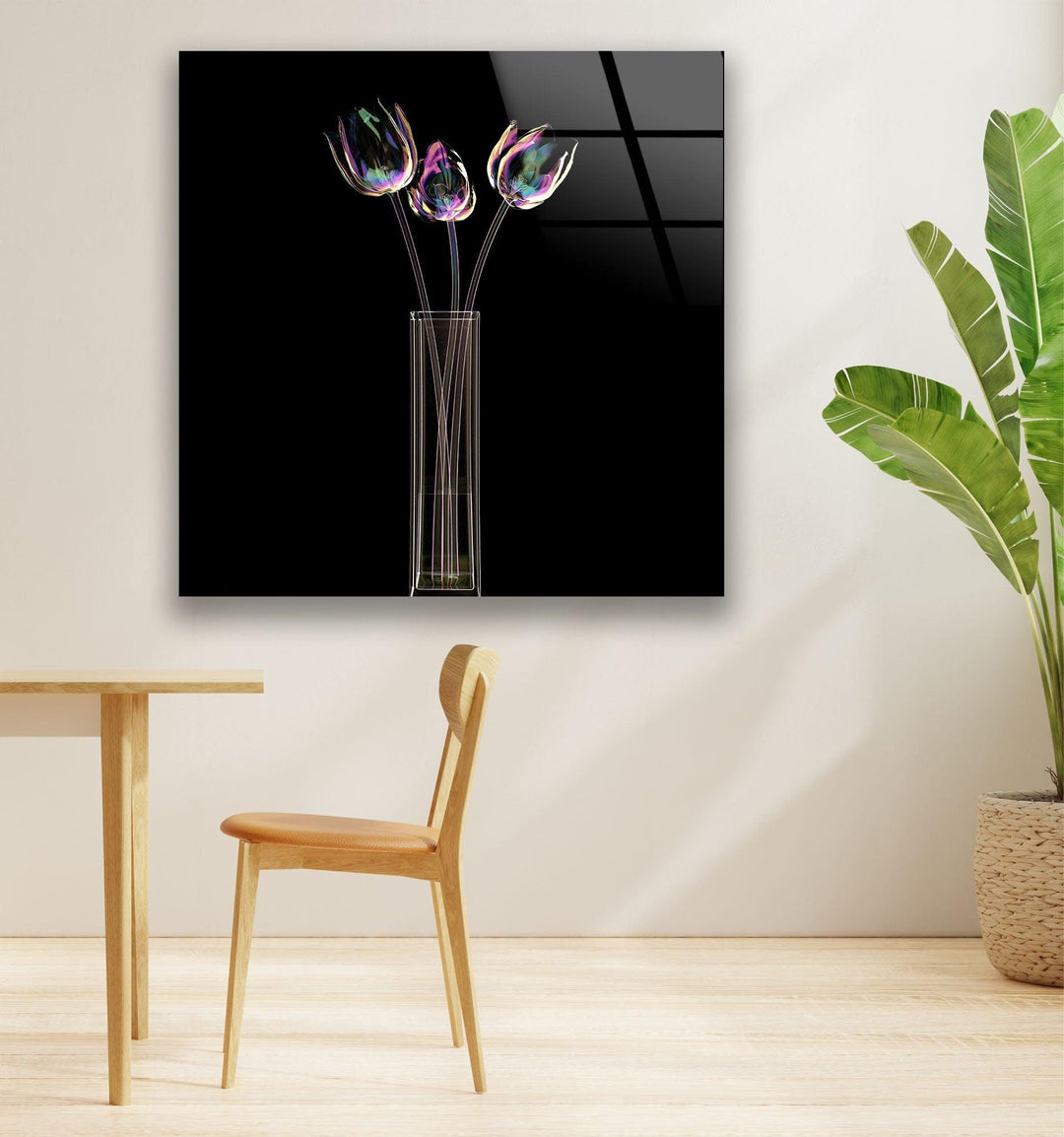 Color Glass Flower On Black Glass Wall Art, photo print on glass, prints on glass wall art