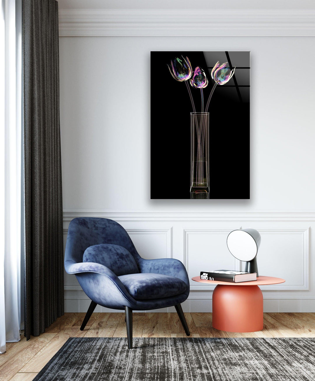 Color Glass Flower On Black Glass Wall Art, large glass photo prints, glass wall photos