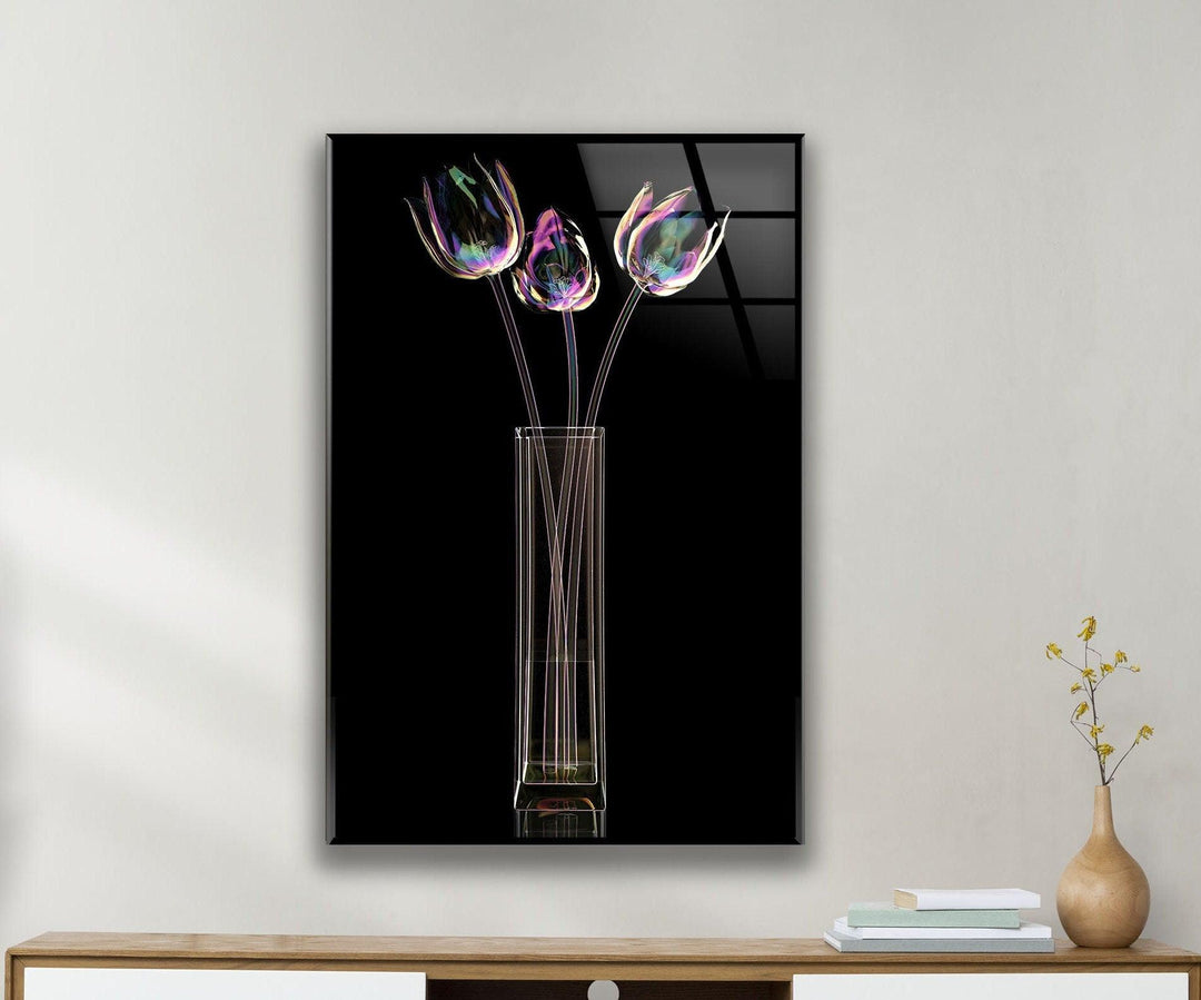 Color Glass Flower On Black Glass Wall Art, art glass wall art, glass wall art pictures