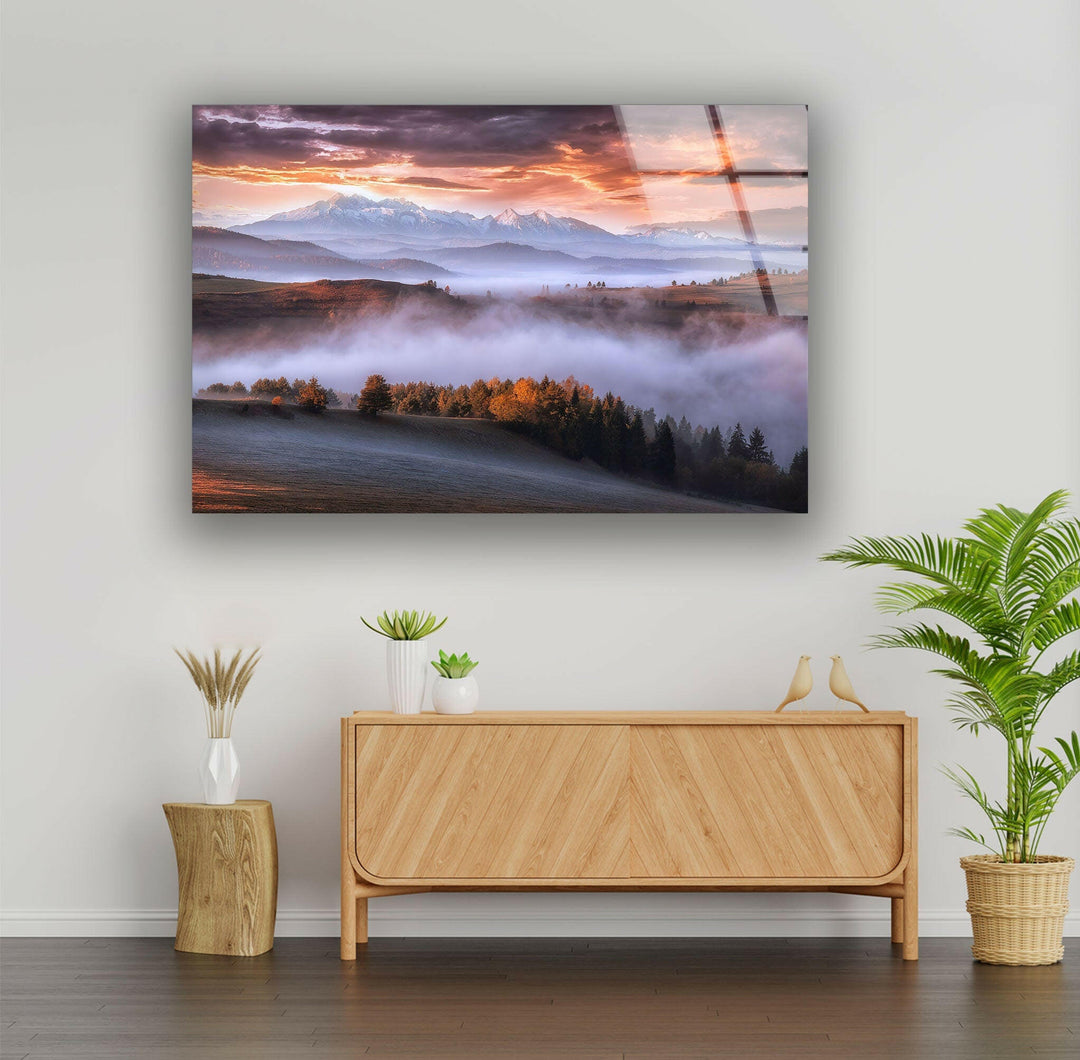 Foggy Mountains Glass Wall Art print on glass, glass printed photos