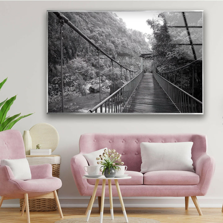 Old Black & White Bridge Glass Wall Art print picture on glass, Tempered Glass Wall Art