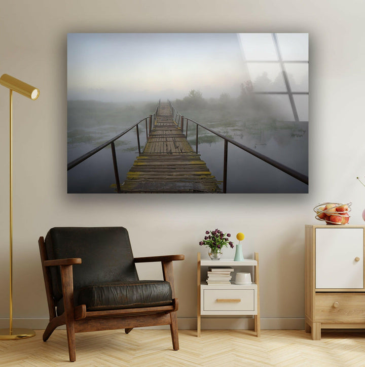 Wooden Bridge Over River Glass Wall Art print picture on glass, Tempered Glass Wall Art