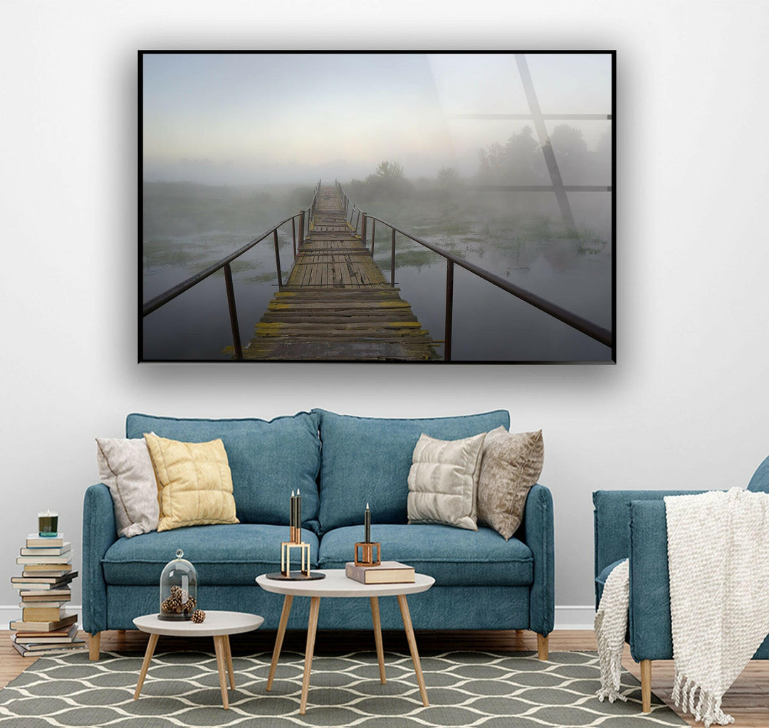 Wooden Bridge Over River Glass Wall Art glass art painting, glass art for the Wall