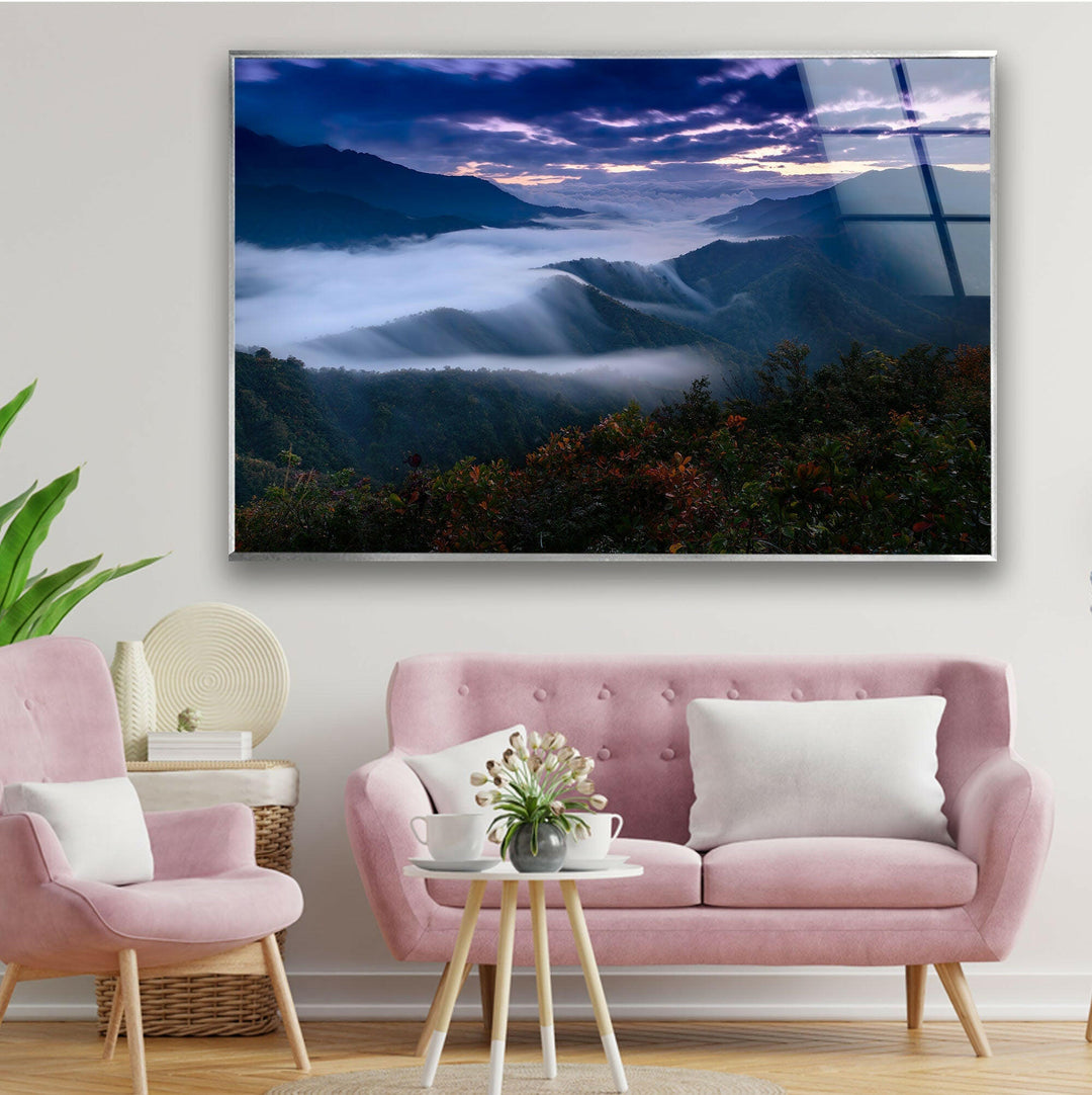 Foggy Mountain Landscape Glass Wall Art