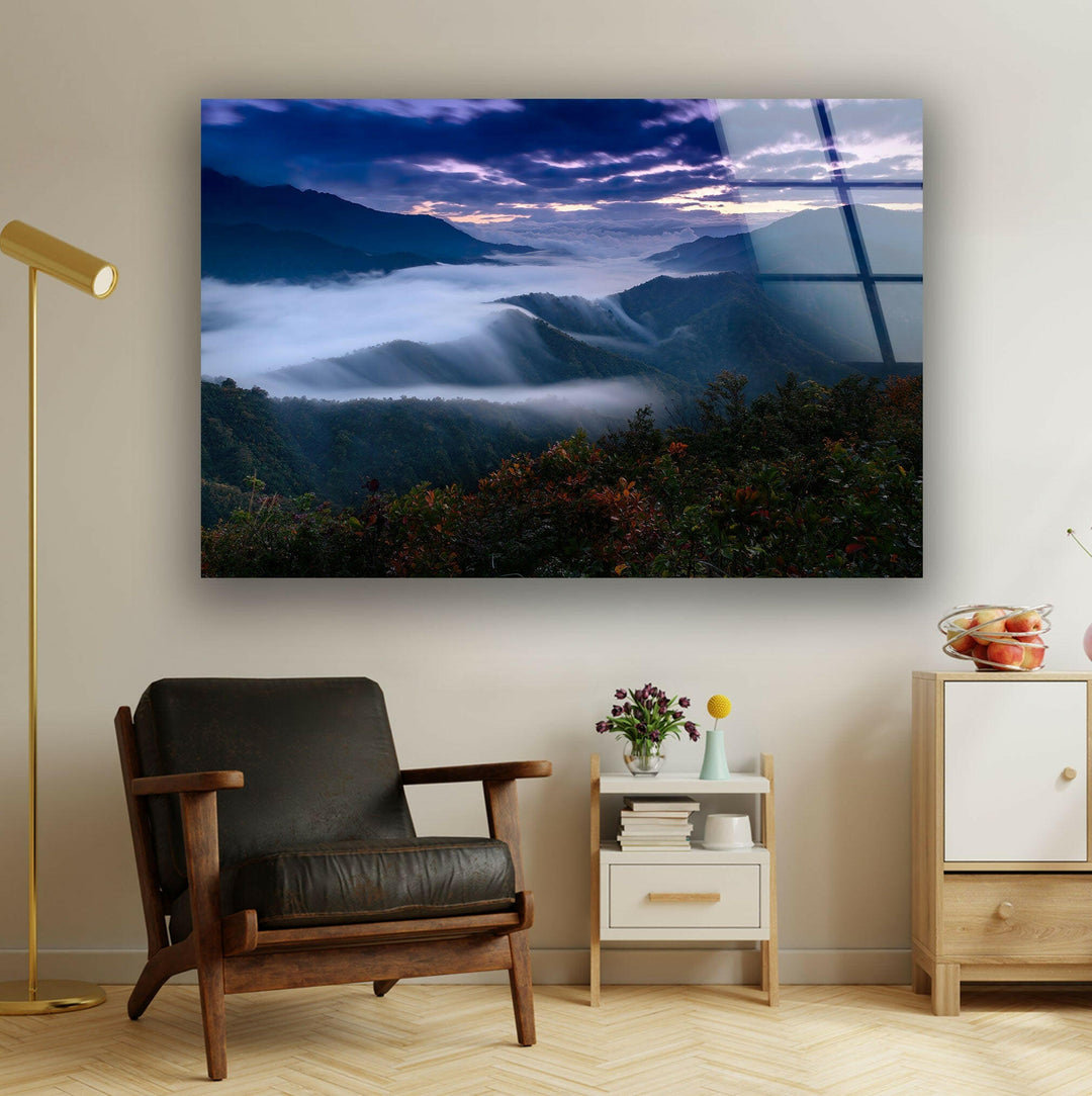 Foggy Mountain Landscape Glass Wall Art