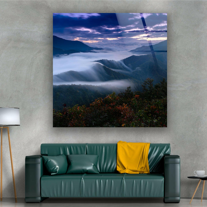 Foggy Mountain Landscape Glass Wall Art