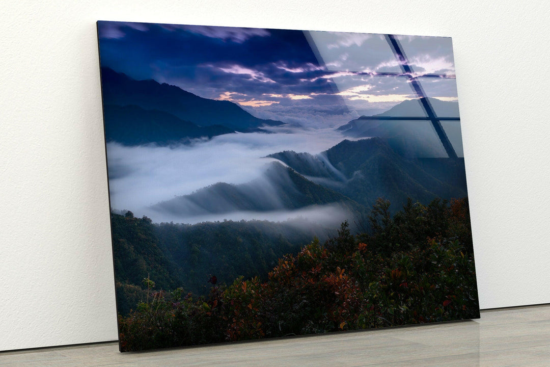 Foggy Mountain Landscape Glass Wall Art