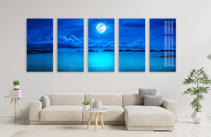 Blue Full Moon & Sea Landscape Glass Wall Art, glass wall decor, glass wall art decor