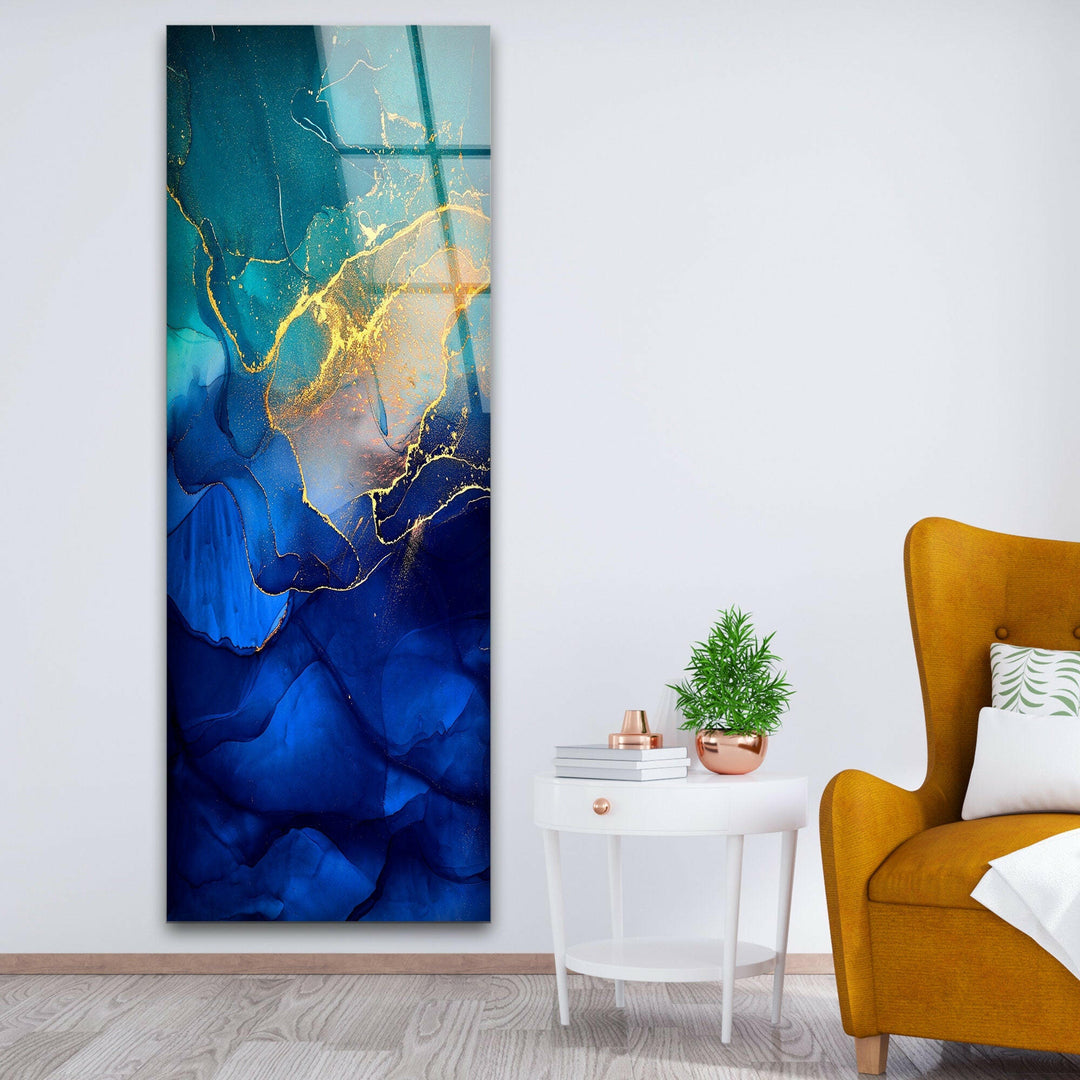 Blue & Gold Marble Abstract Glass Wall Art, custom glass pictures, glass art prints