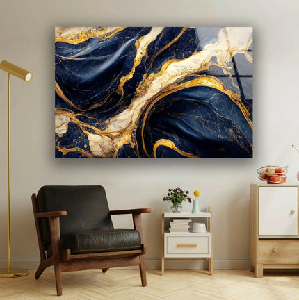 Abstract Marble Dark Blue and Gold Glass Wall Art
