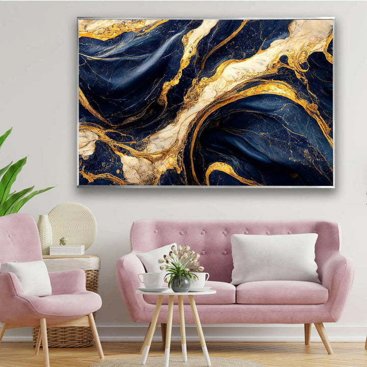 Abstract Marble Dark Blue and Gold Glass Wall Art