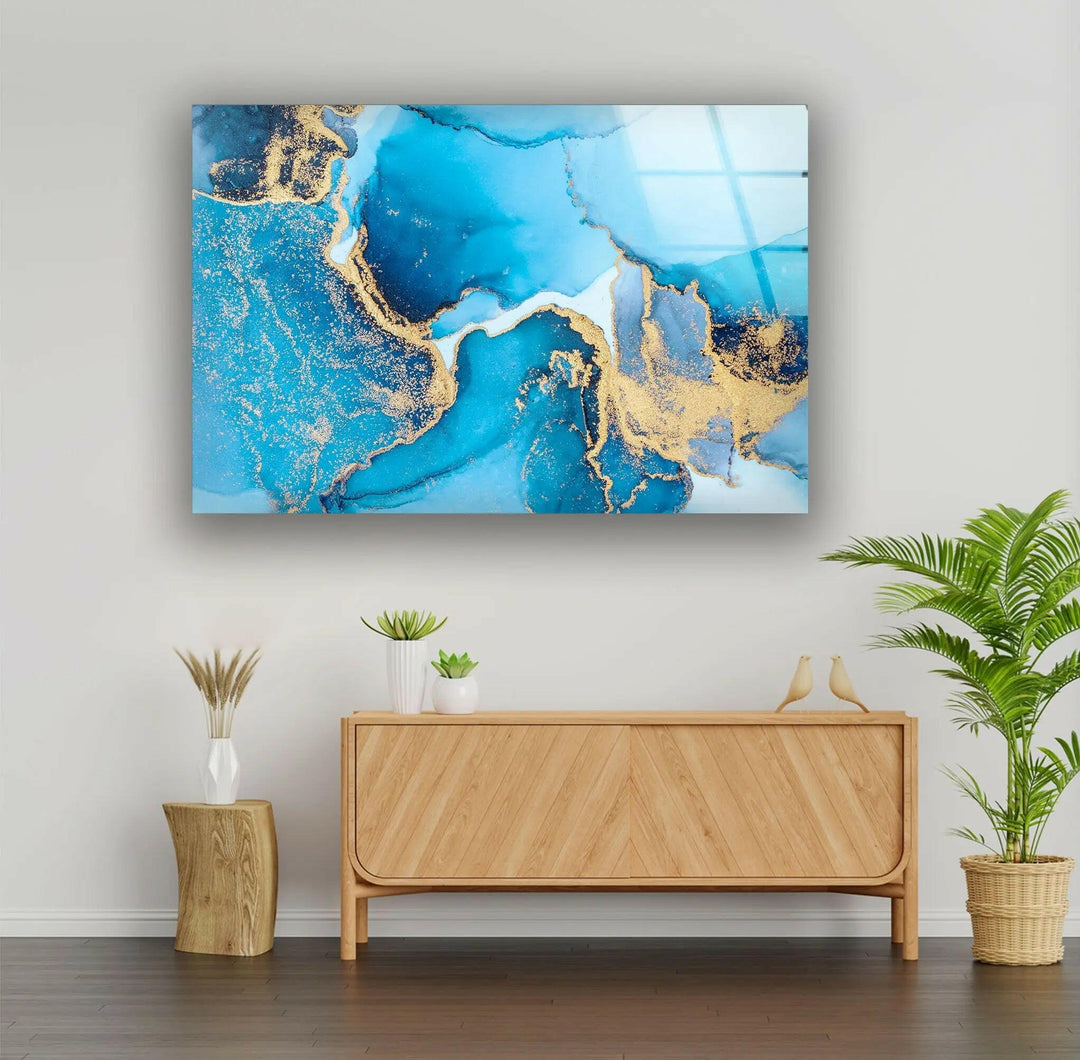 Marble Gold Blue Abstract Glass Wall Art print on glass, glass printed photos