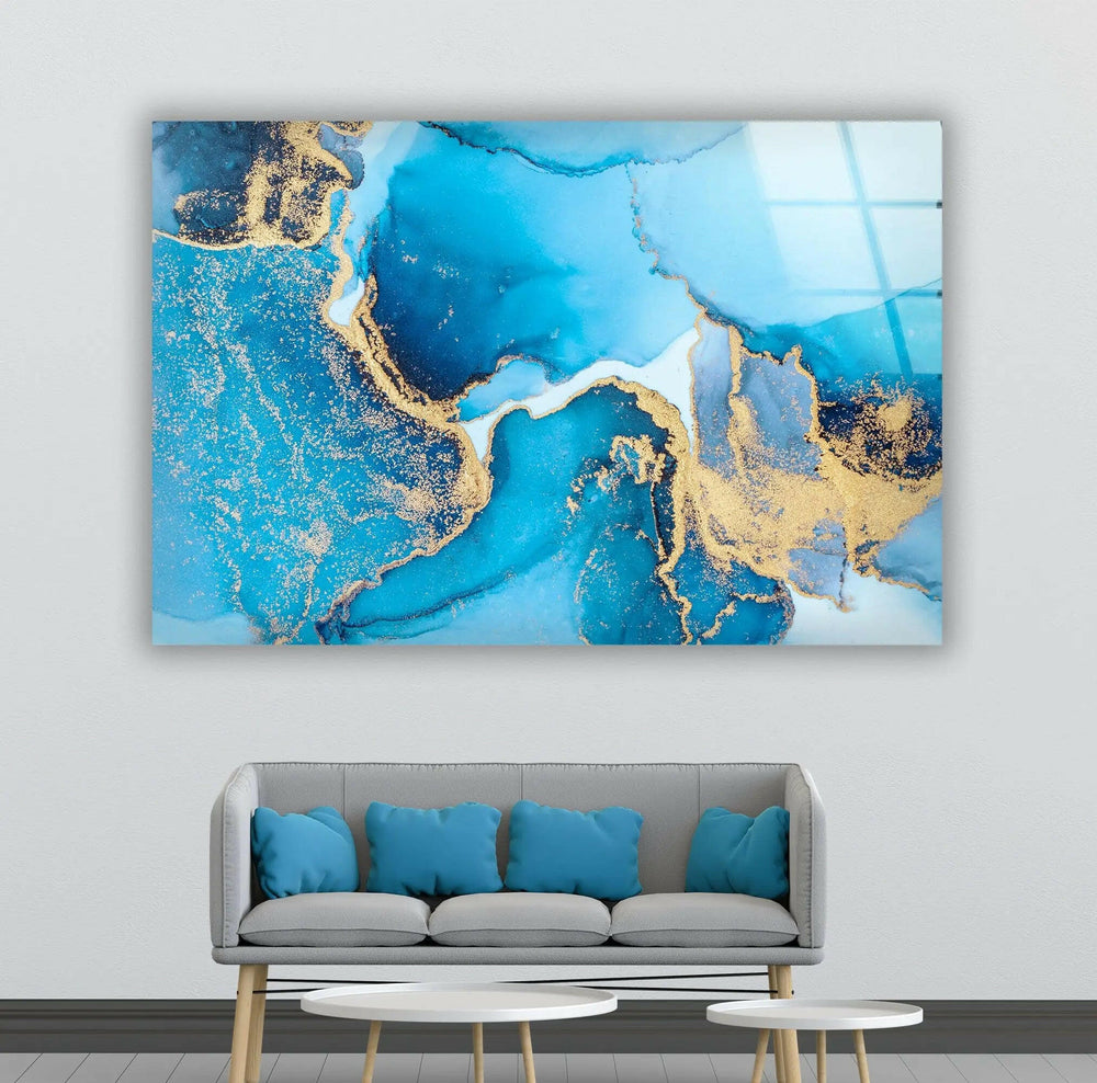 Marble Gold Blue Abstract Glass Wall Art glass pictures for Wall, glass prints wall art