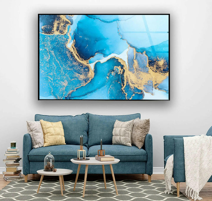 Marble Gold Blue Abstract Glass Wall Art print picture on glass, Tempered Glass Wall Art