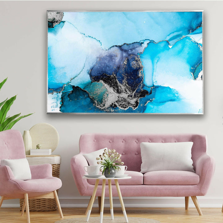 Blue with Silver Alcohol ink Stunning Abstract Art Printed on Glass