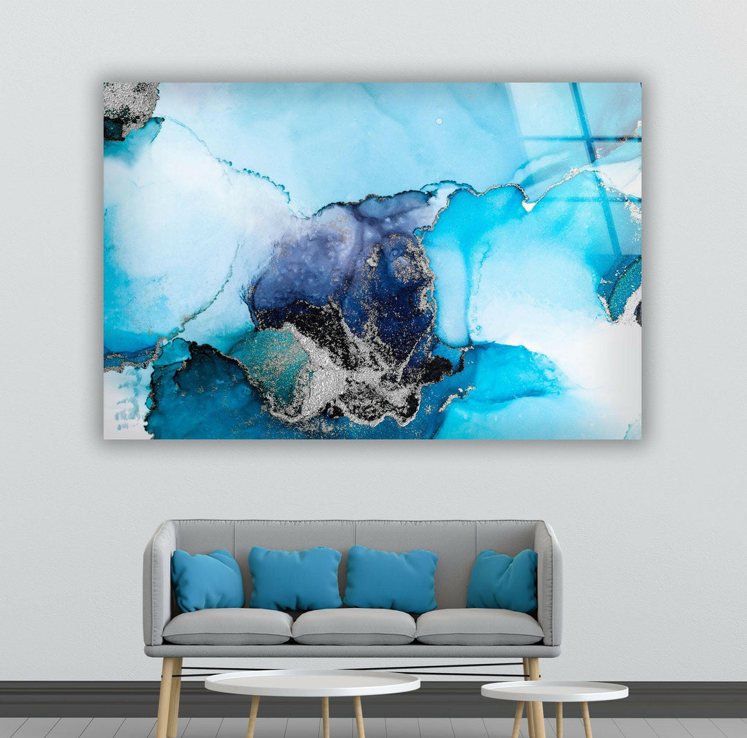 Blue with Silver Alcohol ink Glass Printing Wall Art