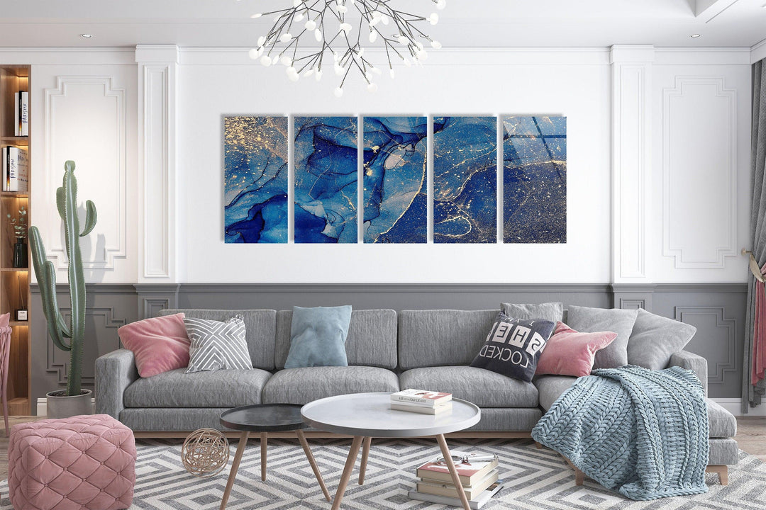 Dark Blue With Gold Shimmer Alcohol Ink Glass Wall Art, large glass photo prints, glass wall photos