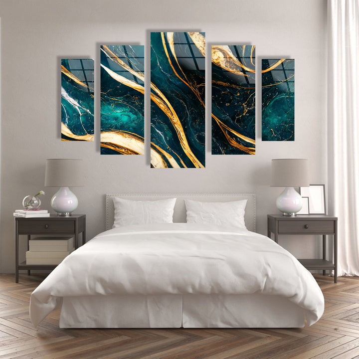 Green, Turquoise With Gold Marble Abstract Glass Wall Art, print picture on glass, Tempered Glass Wall Art