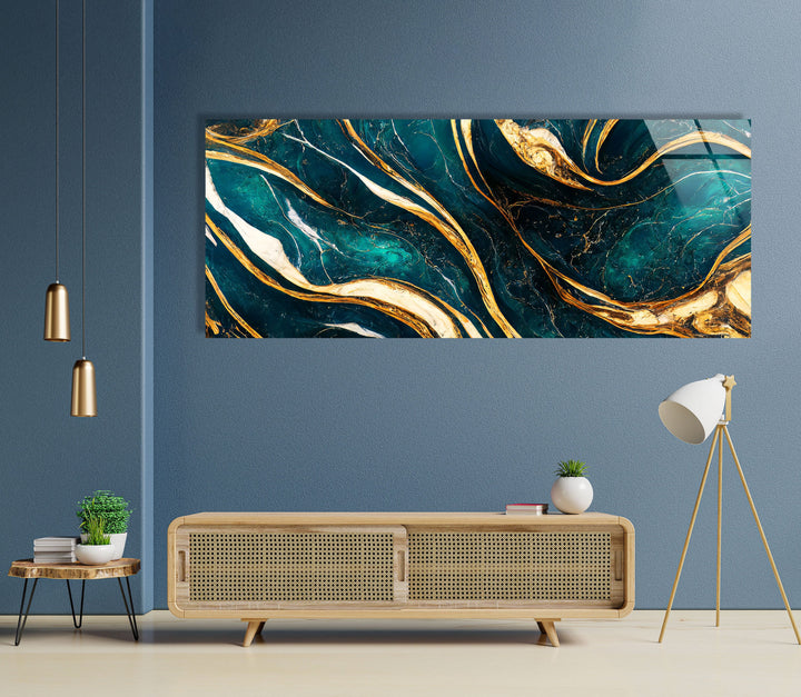 Green, Turquoise With Gold Marble Abstract Glass Wall Art, picture on glass wall art, photos printed on glass