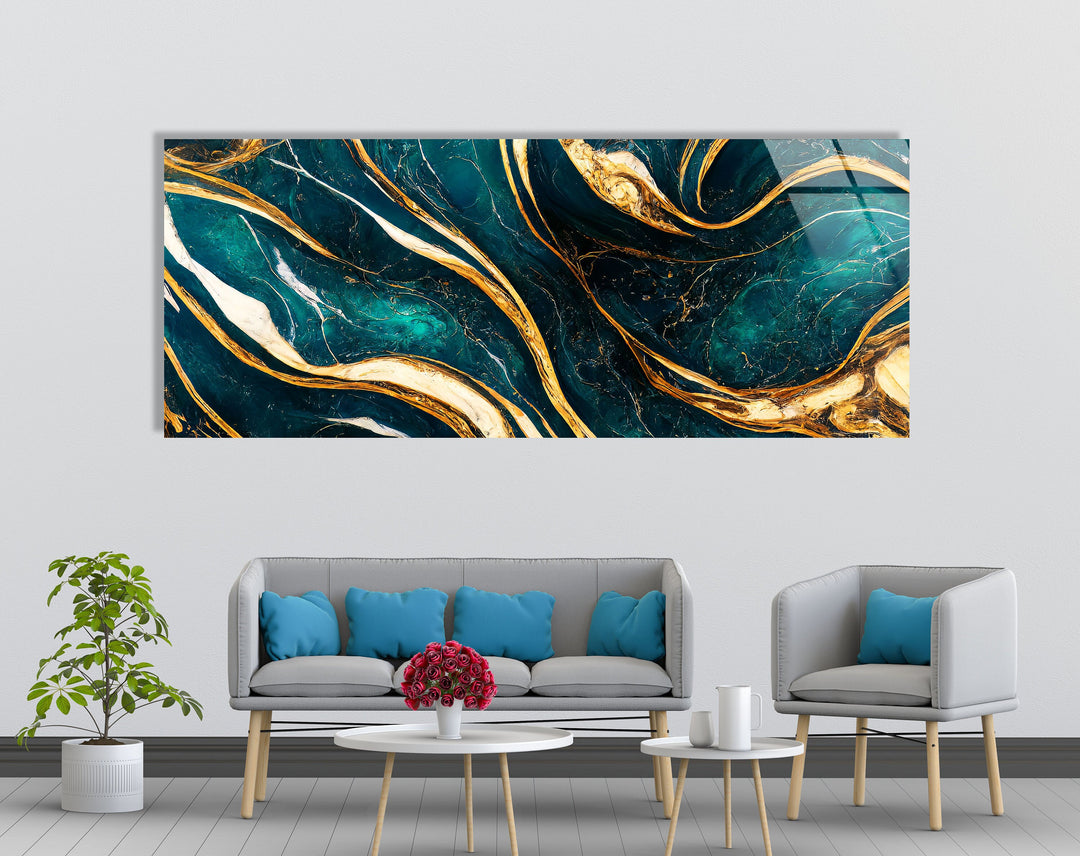 Green, Turquoise With Gold Marble Abstract Glass Wall Art, custom glass photo prints, large glass prints