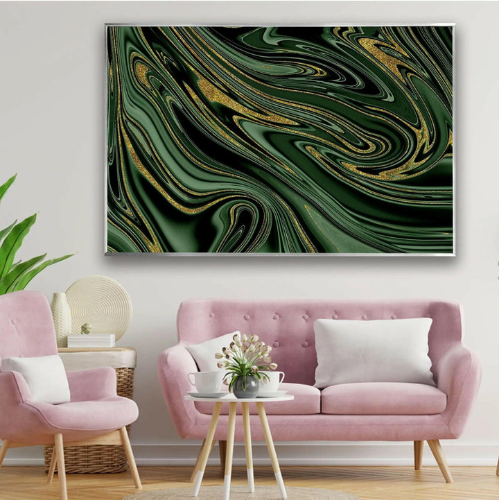 Golden Black Green Marble Abstract Glass Wall Art