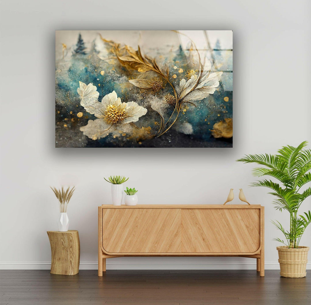 Elegant Golden Sheen Flower Glass Wall Art, glass image printing, glass prints from photos