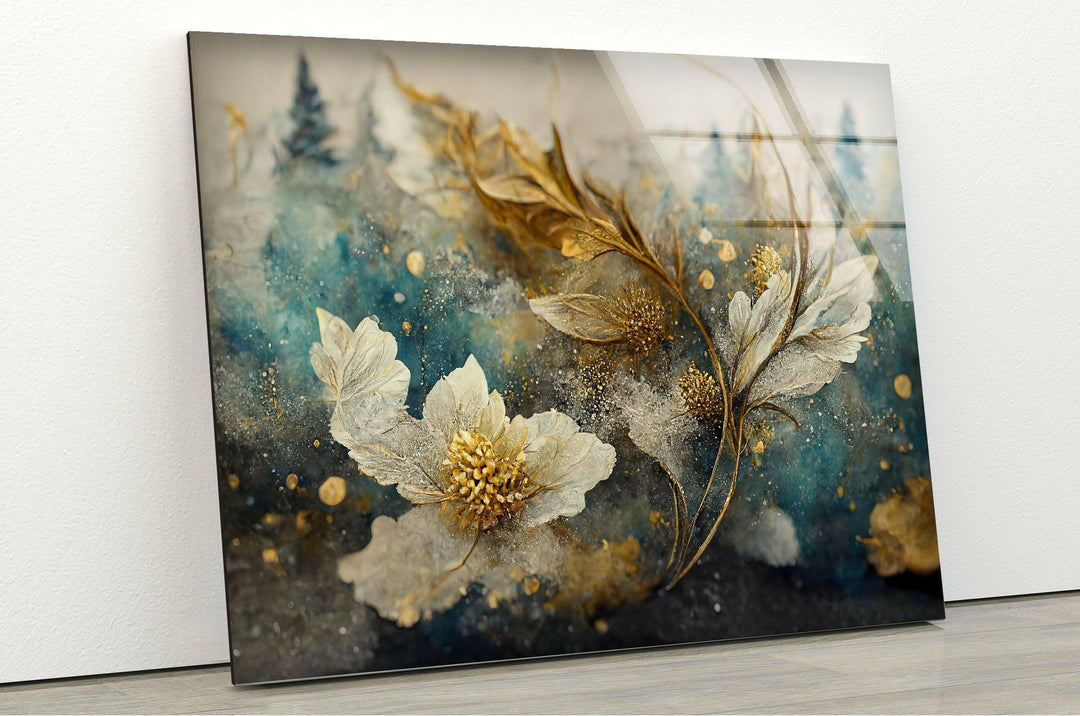 Elegant Golden Sheen Flower Glass Wall Art, photo print on glass, prints on glass wall art