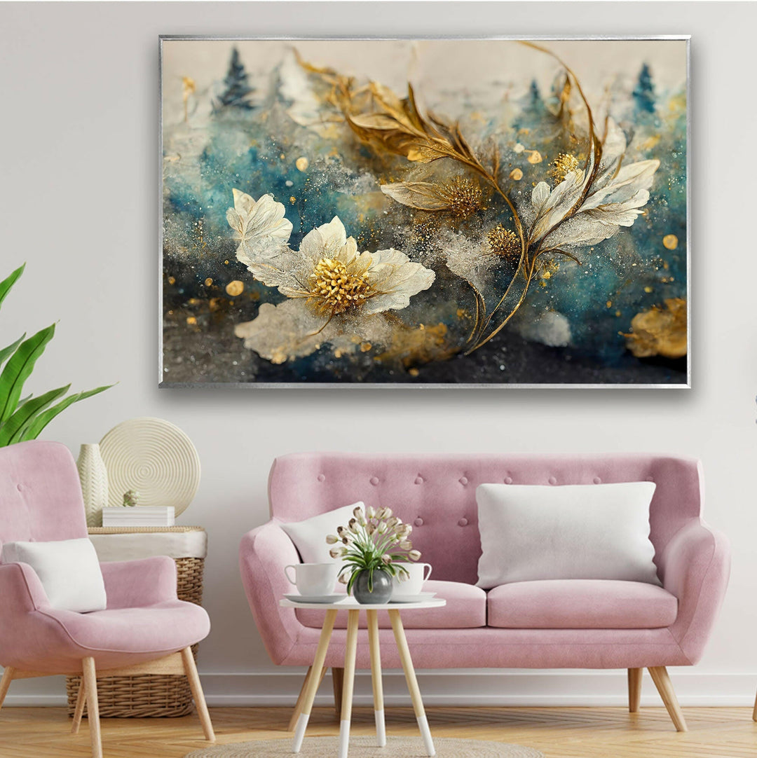 Elegant Golden Sheen Flower Glass Wall Art, glass photo prints, glass picture prints