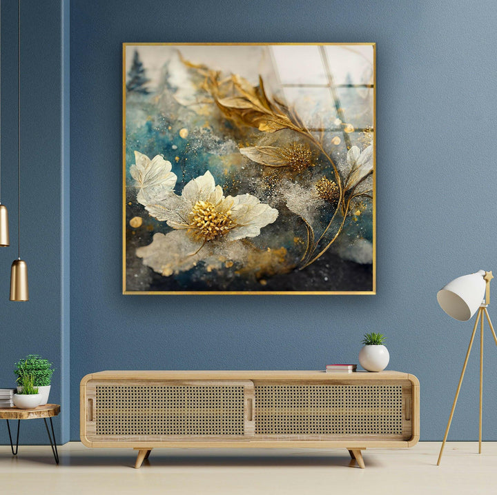 Elegant Golden Sheen Flower Glass Wall Art, Glass Printing Wall Art, Print photos on glass