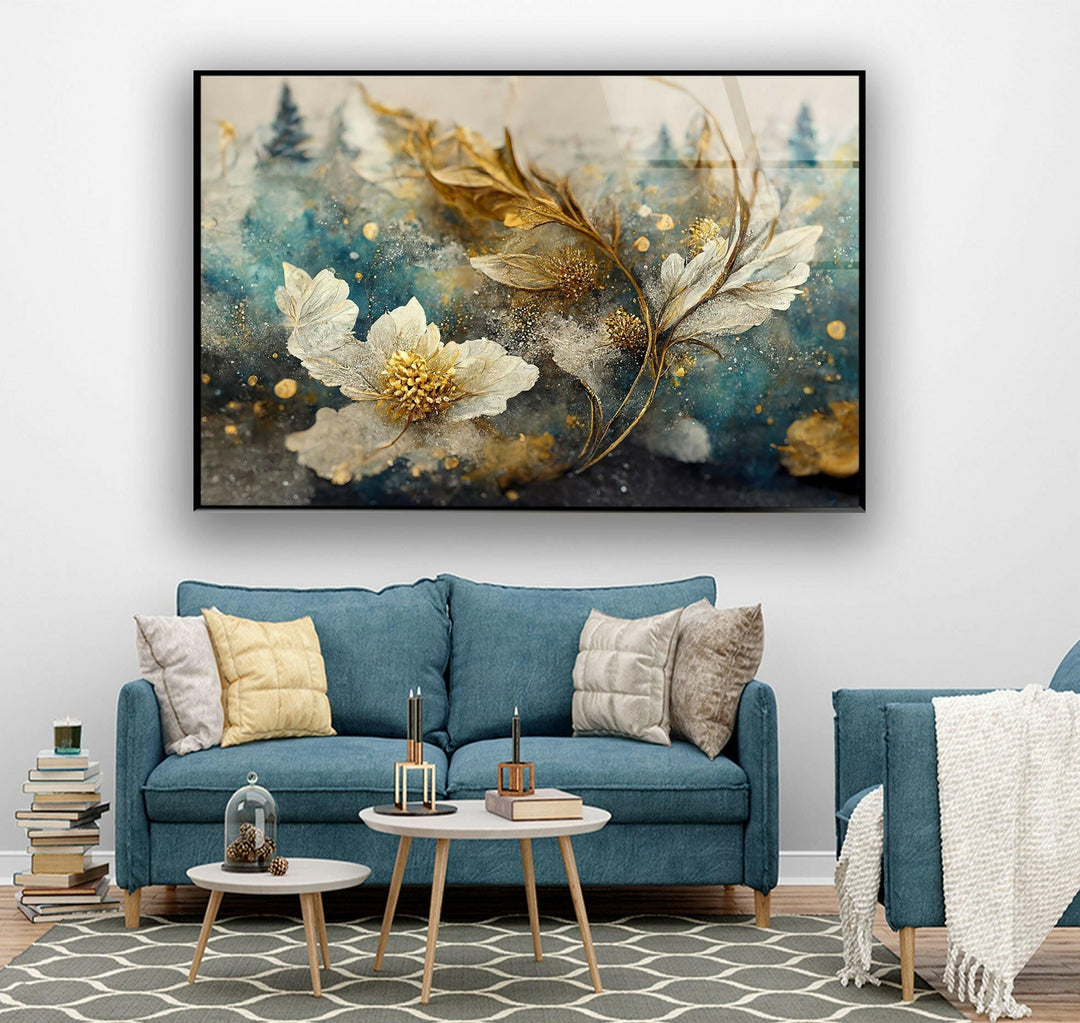 Elegant Golden Sheen Flower Glass Wall Art, art glass wall art, glass wall art pictures