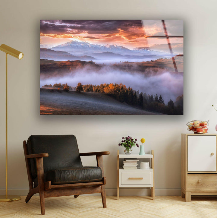 Foggy Sunrise Mountain Glass Wall Art glass image printing, glass prints from photos