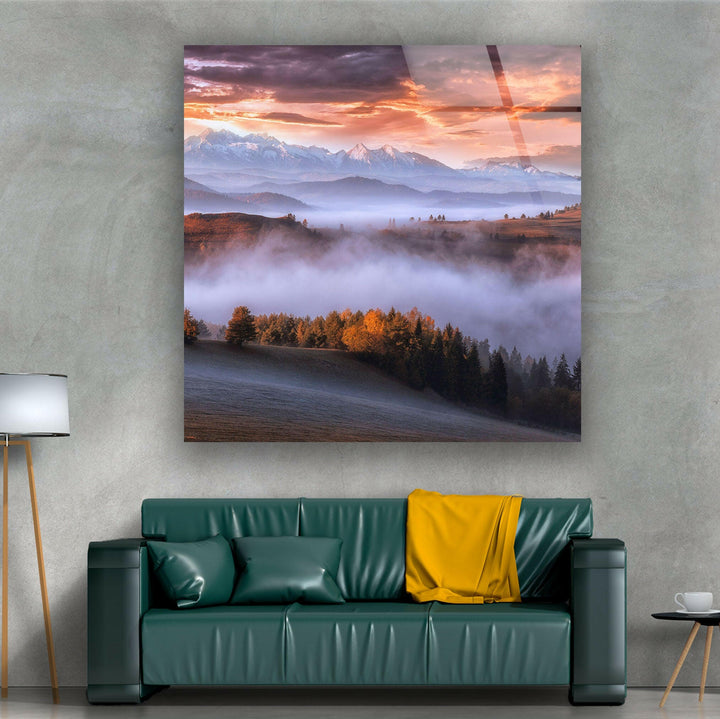 Foggy Sunrise Mountain Glass Wall Art photo print on glass, prints on glass wall art